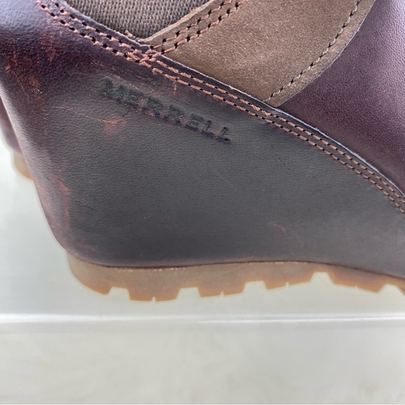 MERRELL CINNAMON SMOOTH BROWN LEATHER WEDGE ANKLE BOOTIES SIZE W7 - Picture 7 of 10